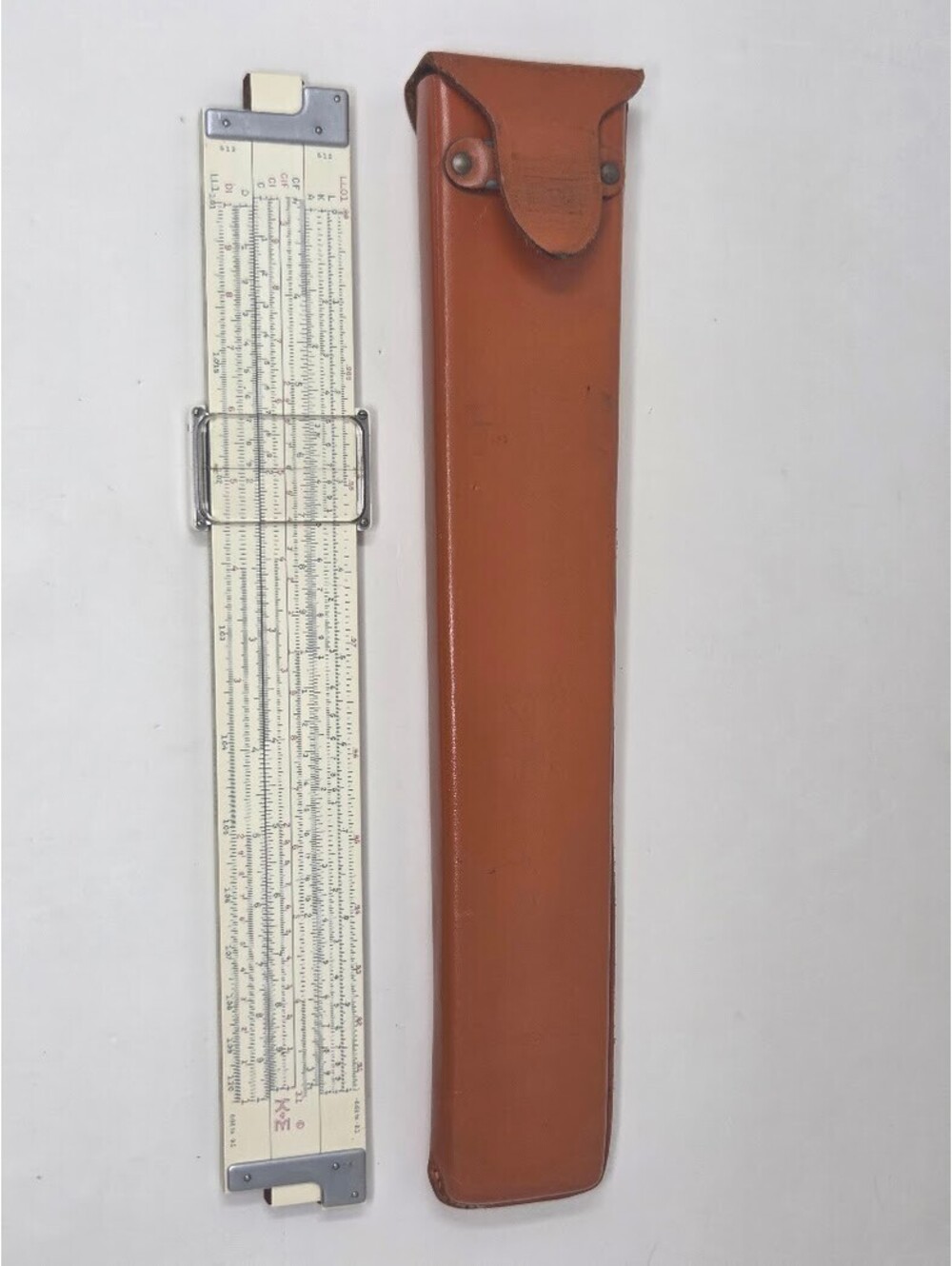Vintage K And E Slide Rule With Orange Leather Case Metal Frame Log Scales